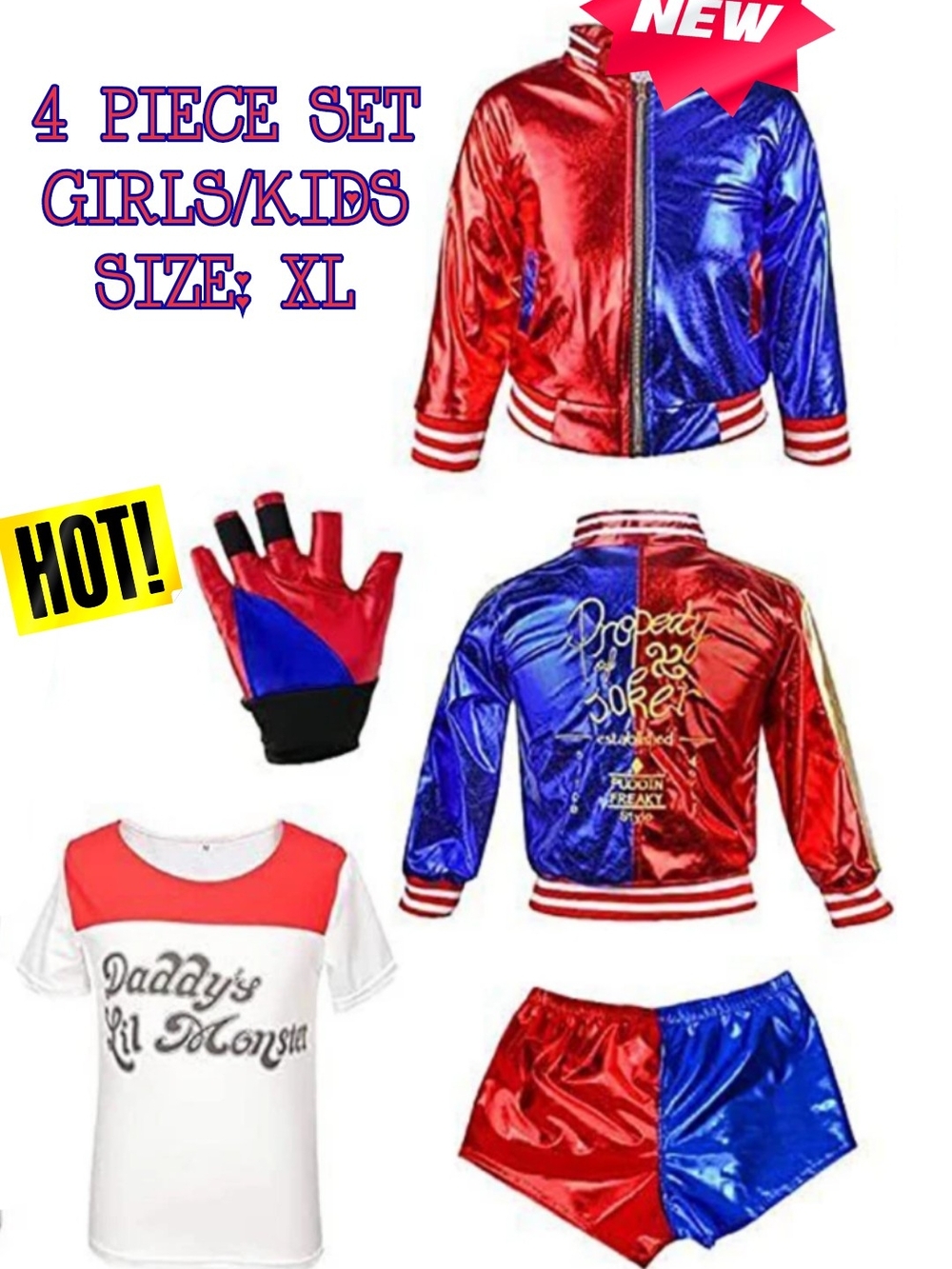 Girls Harley-Inspired Red & Blue Costume Set - 4 Piece Kids Outfit